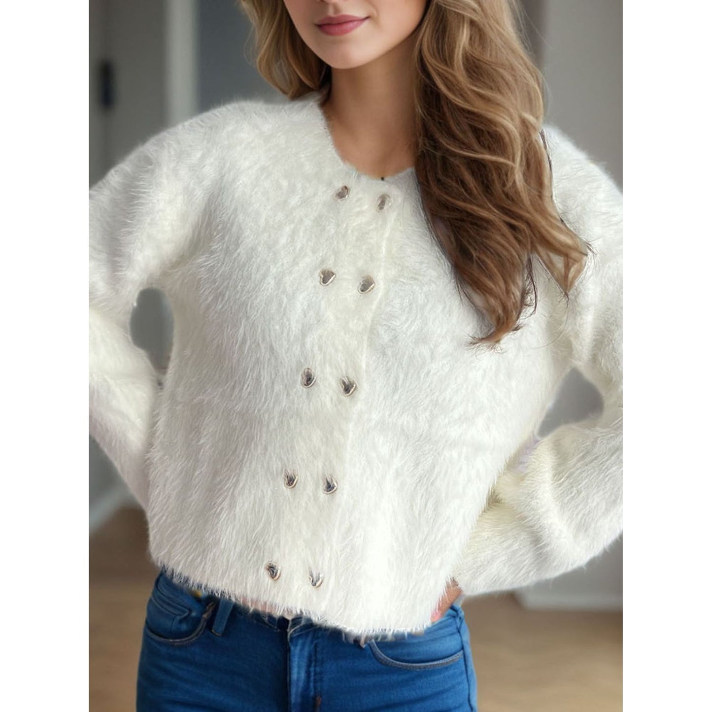 Heart Button Round Neck Cardigan