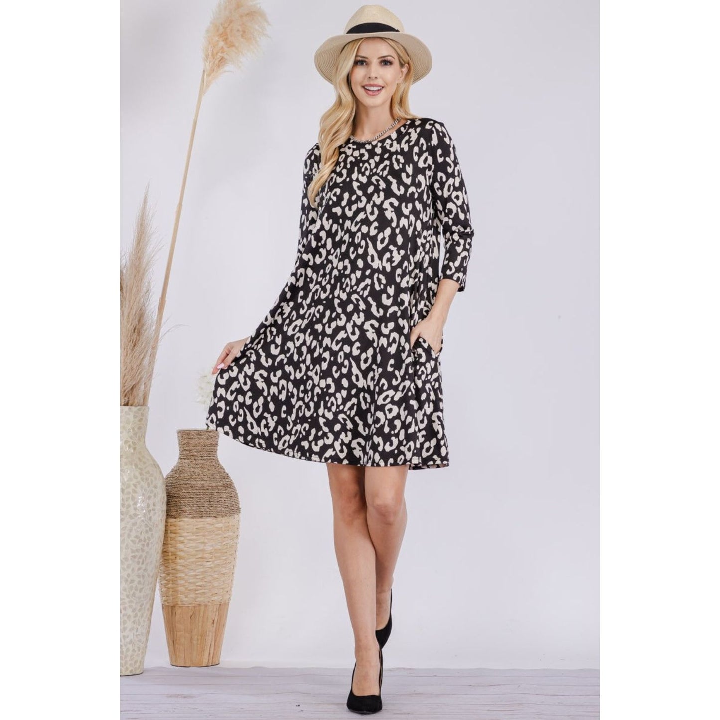 Celeste Full Size Leopard Three-Quarter Sleeve Dress with Pockets