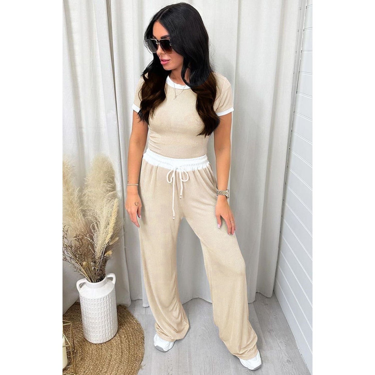 Contrast Trim Round Neck Top and Pants Set