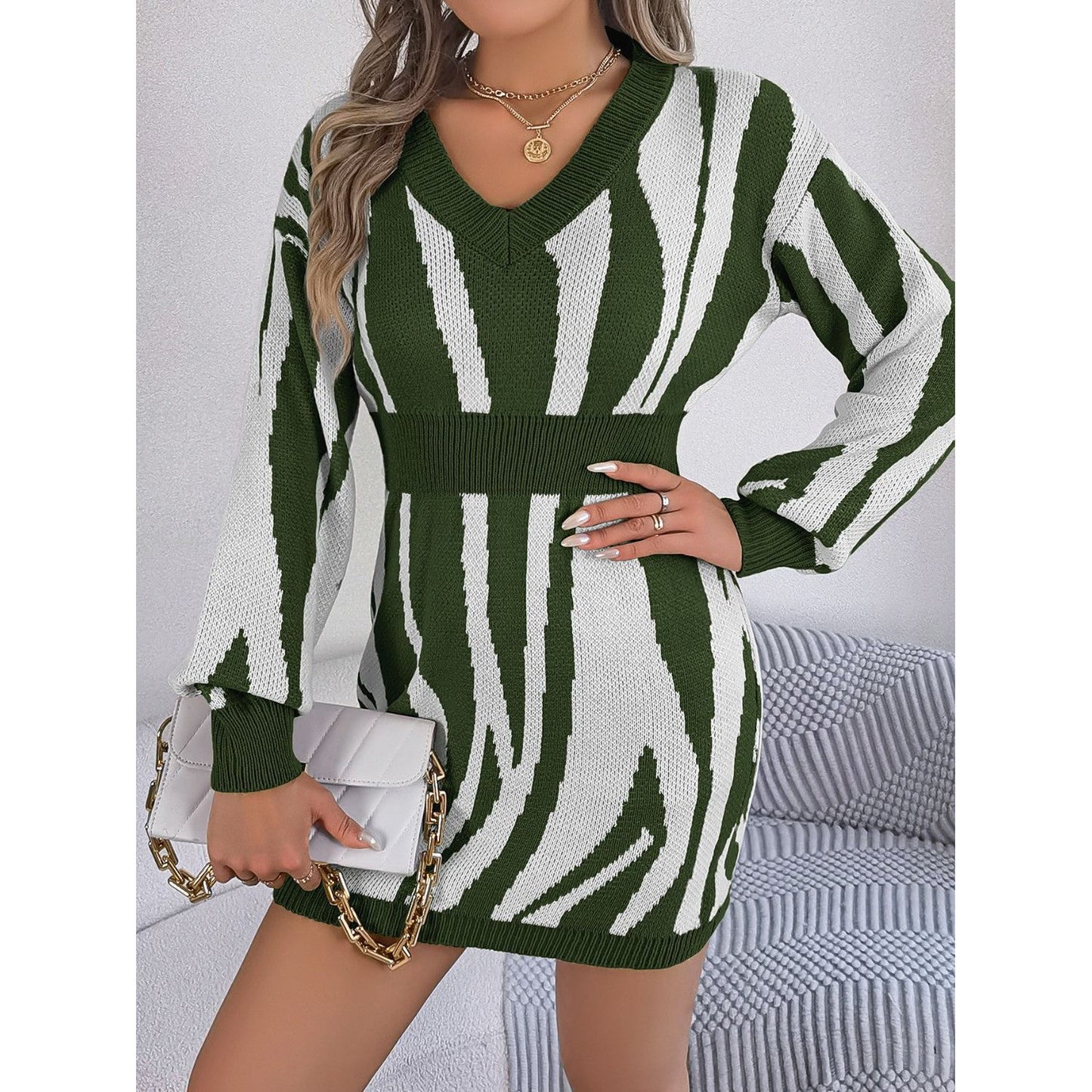 Animal Print V-Neck Long Sleeve Sweater Dress