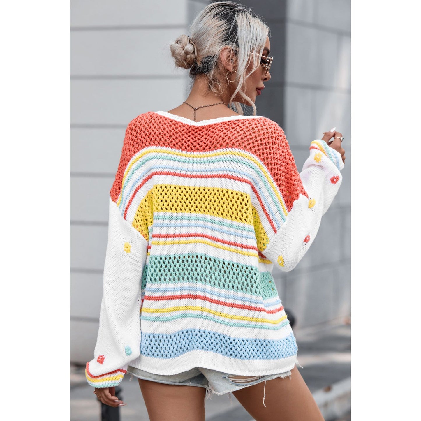 Openwork Striped Round Neck Long Sleeve Sweater