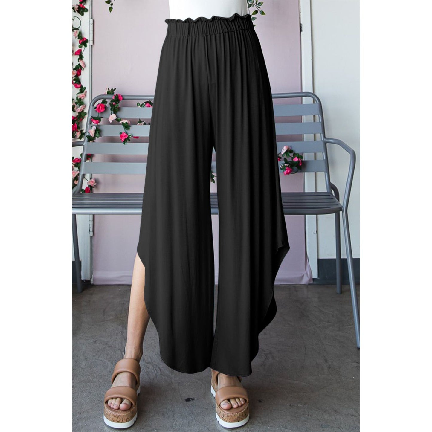 Heimish Full Size Frill Slit High Waist Wide Leg Pants