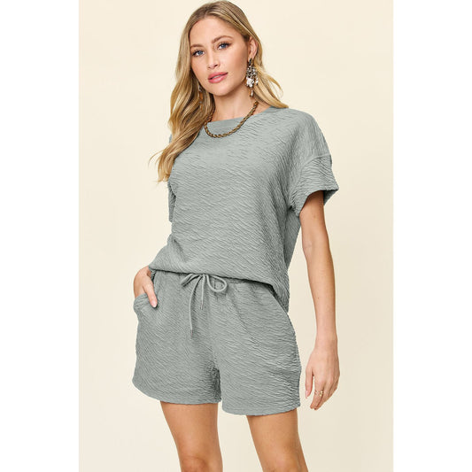 Double Take Full Size Texture Short Sleeve T-Shirt and Drawstring Shorts Set