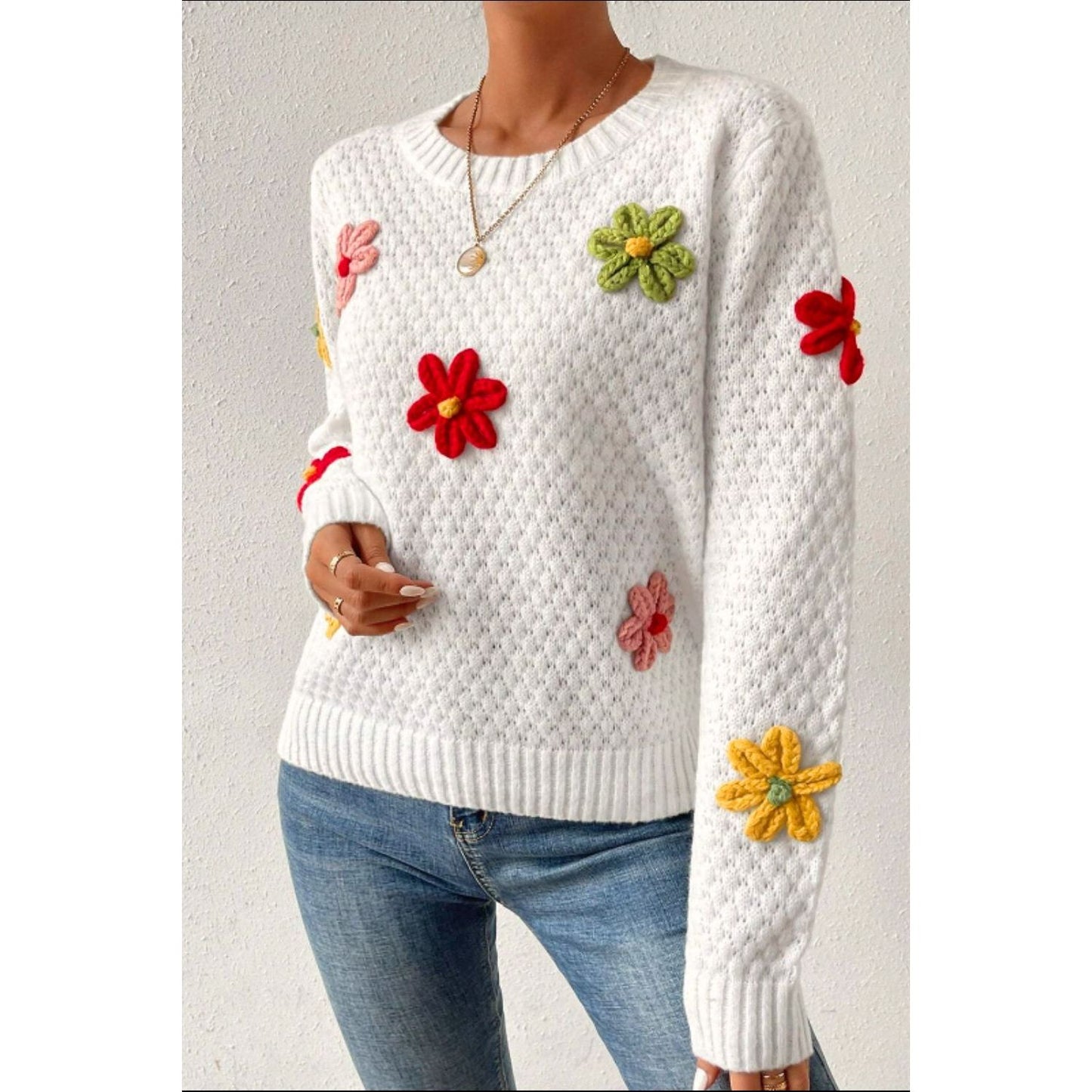 Crochet Flower Round Neck Long Sleeve Sweater