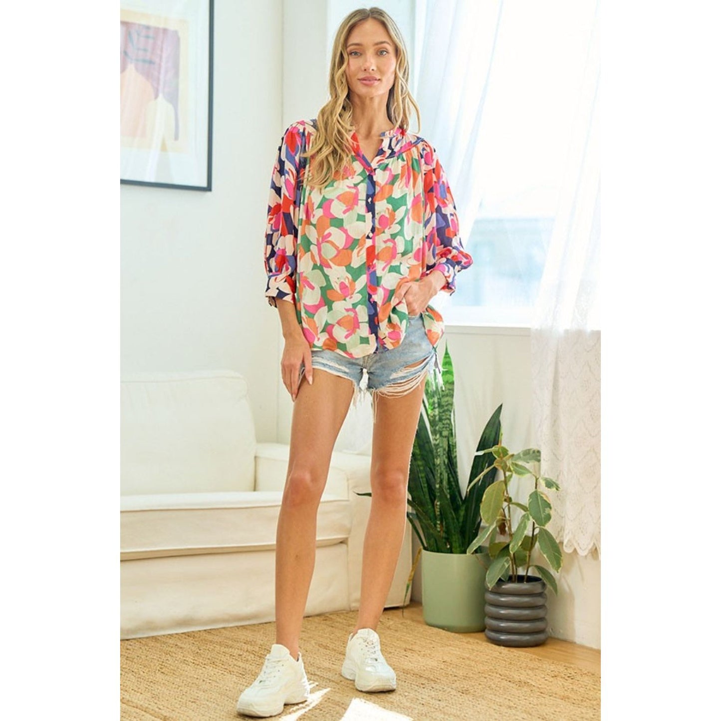 First Love Full Size Floral Button Down Satin Shirt