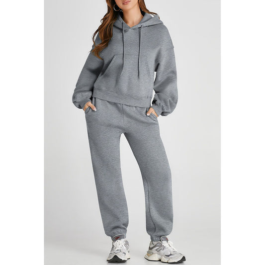 Dropped Shoulder Hooded Top and Pants Active Set