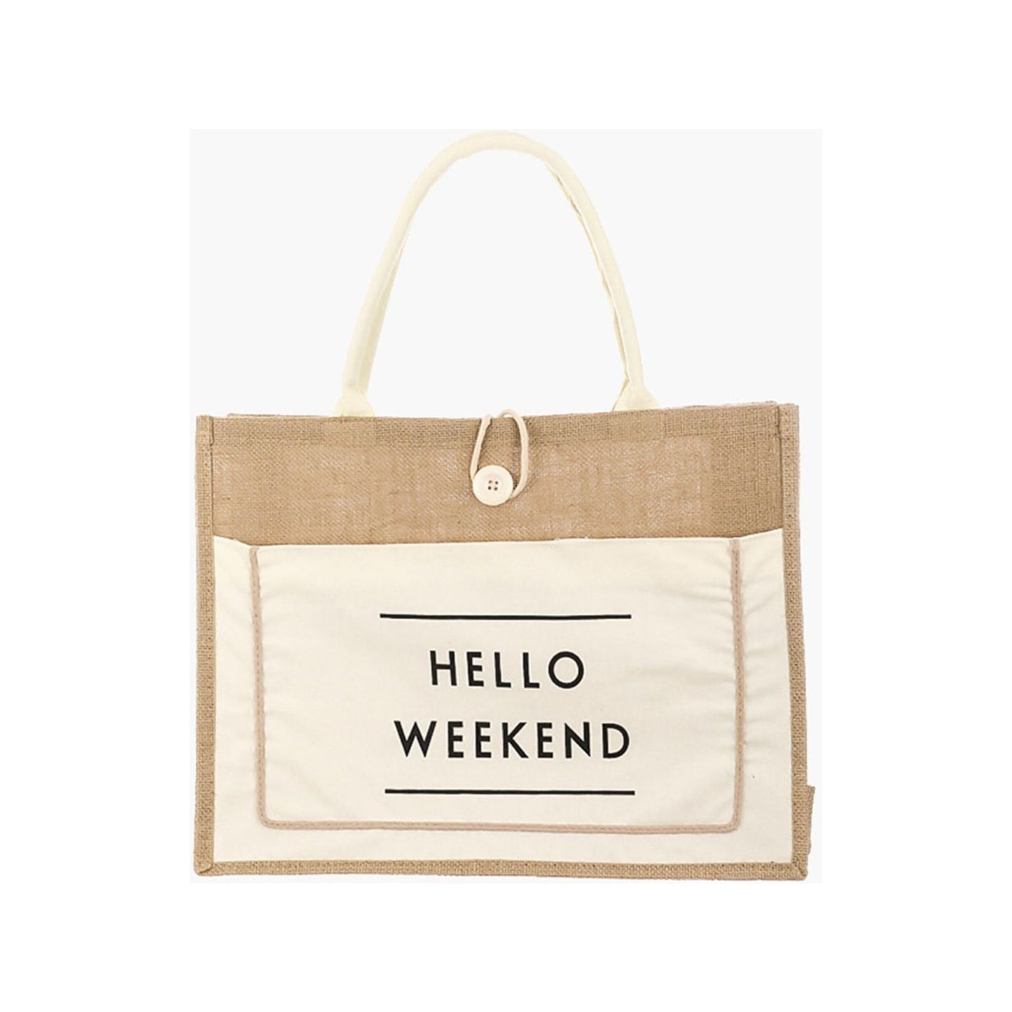 Fame Hello Weekend Burlap Tote Bag