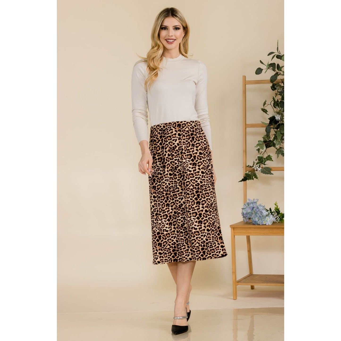 Celeste Full Size Leopard A-Line Midi Skirt