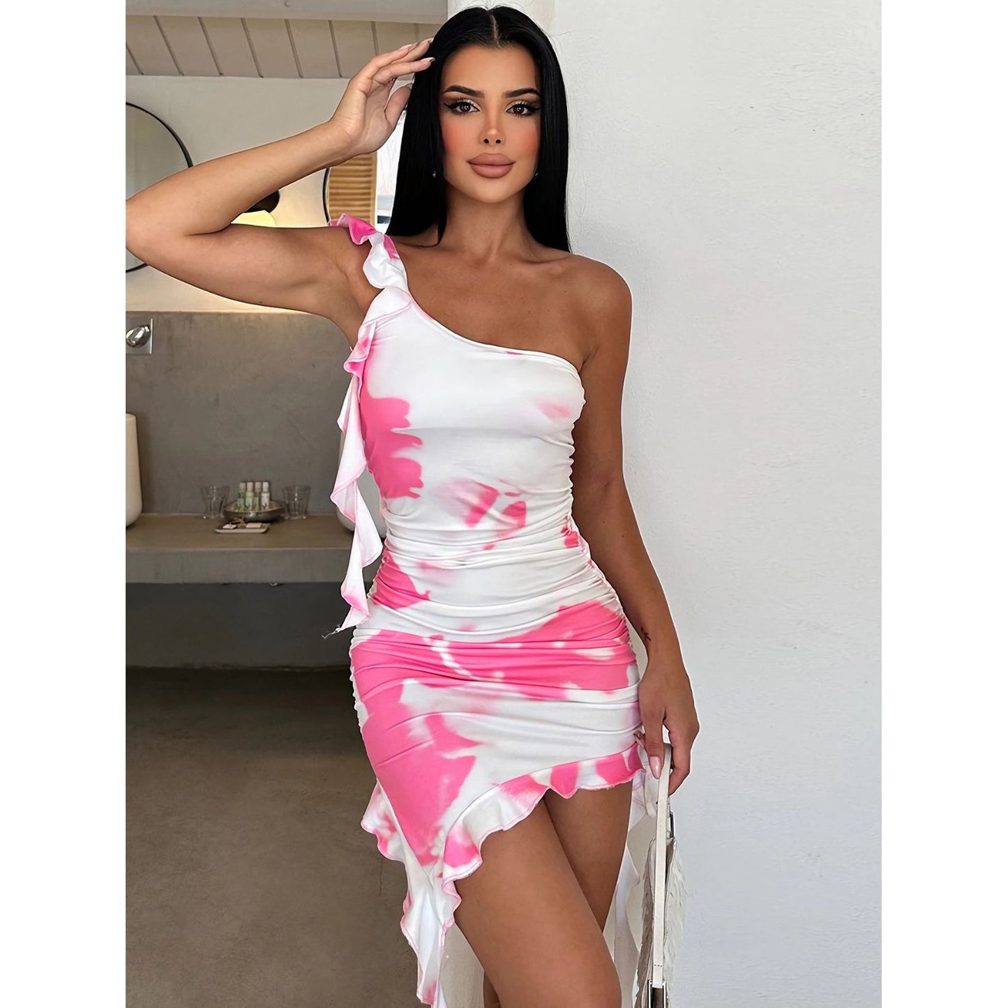 Ruffled Tie-Dye Single Shoulder Mini Dress