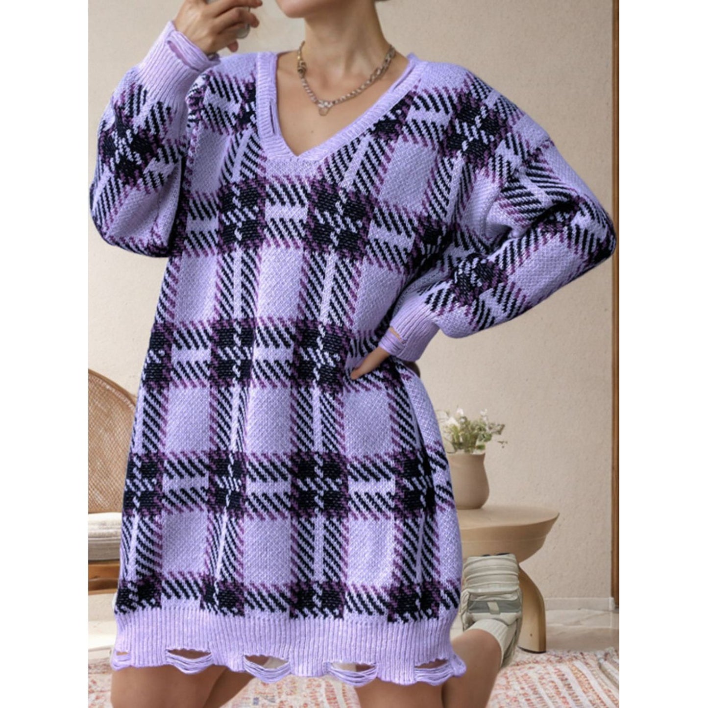 Distressed Plaid V-Neck Long Sleeve Sweater Dress