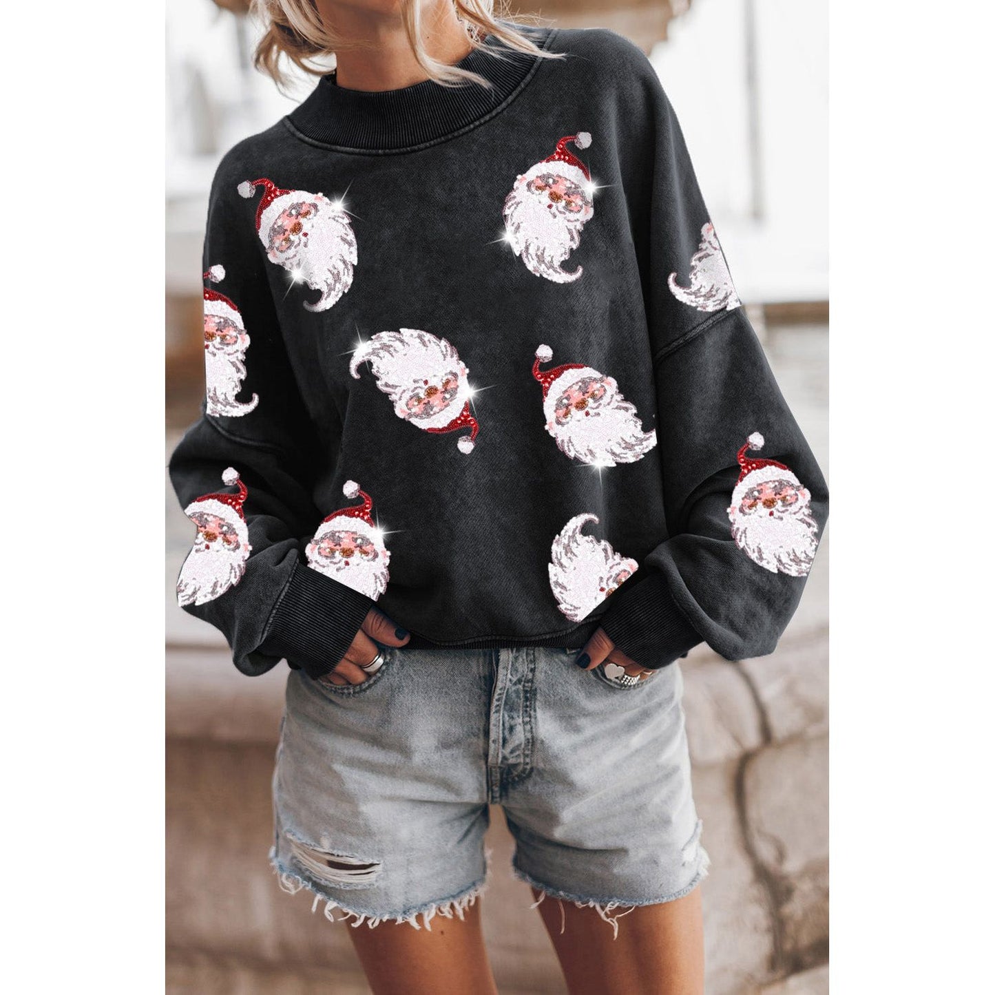 Sequin Santa Round Neck Drop Shoulder Sweatshirt