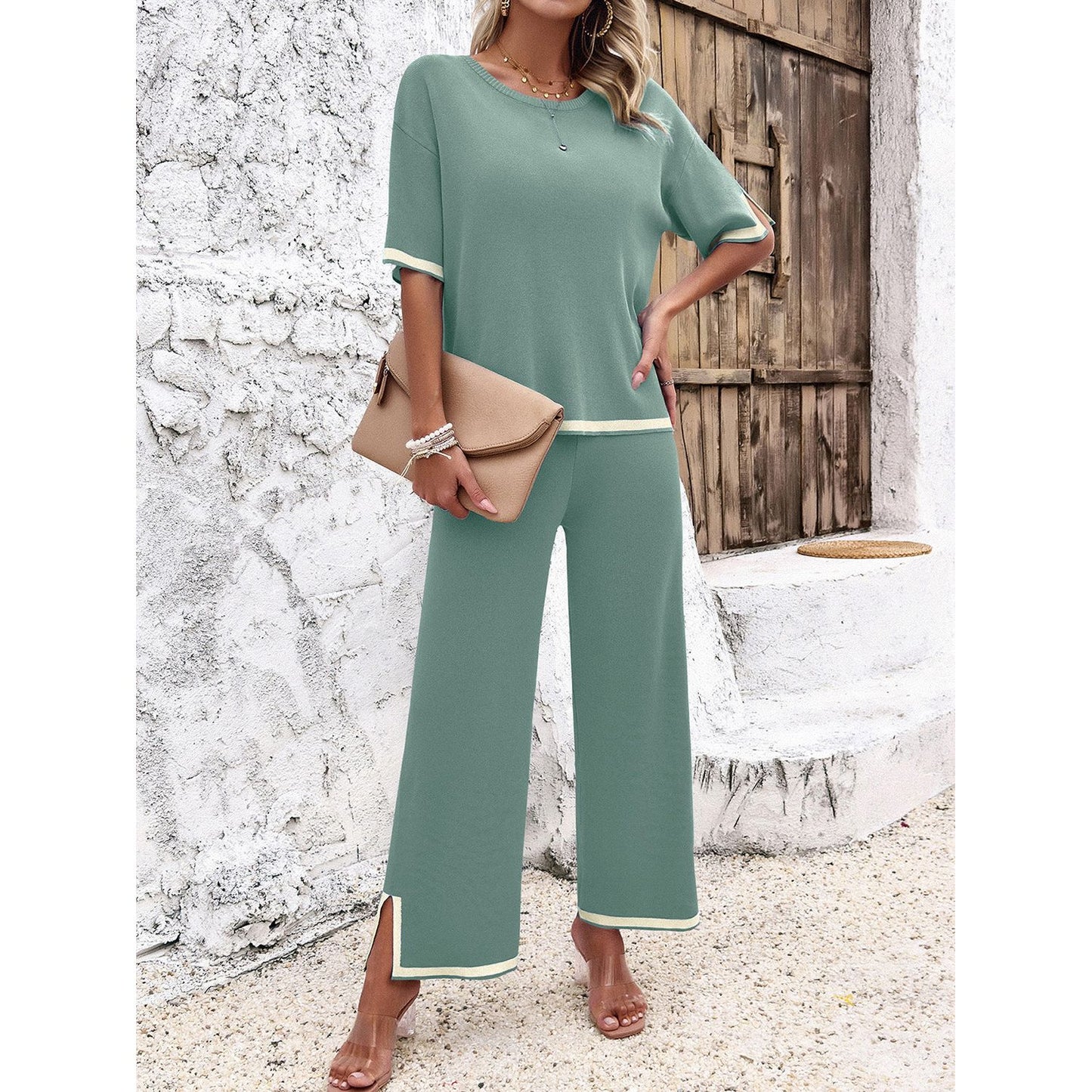 Contrast Trim Round Neck Top and Pants Set