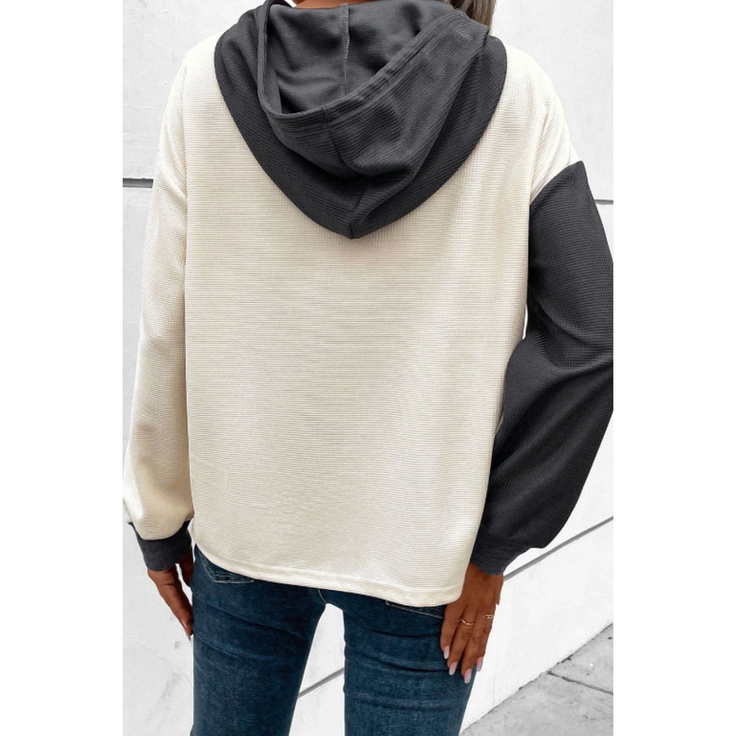 Waffle-Knit Two-Tone Long Sleeve Hoodie