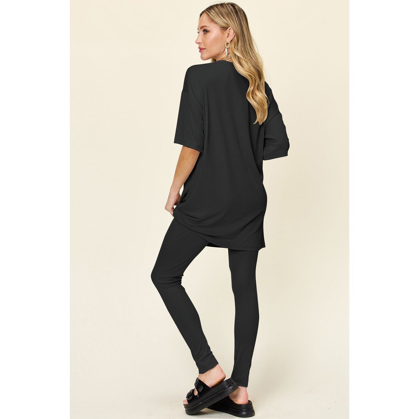 Double Take Full Size Round Neck Dropped Shoulder T-Shirt and Leggings Set