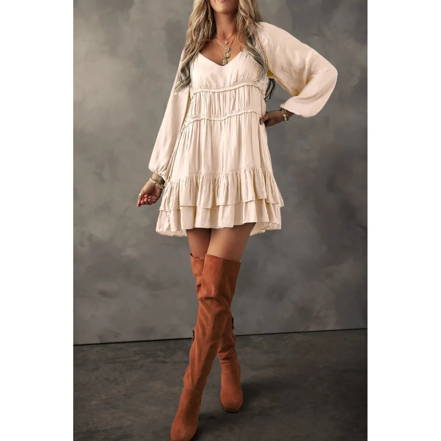 Frill Ruffled V-Neck Long Sleeve Mini Dress