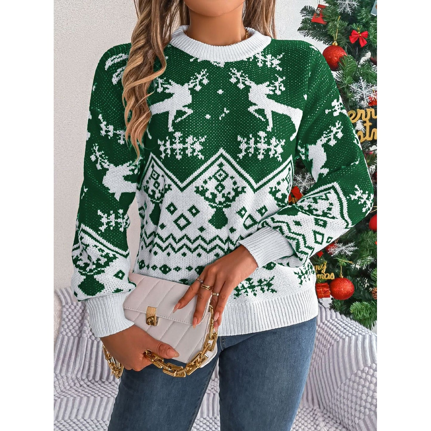 Christmas Element Round Neck Long Sleeve Sweater