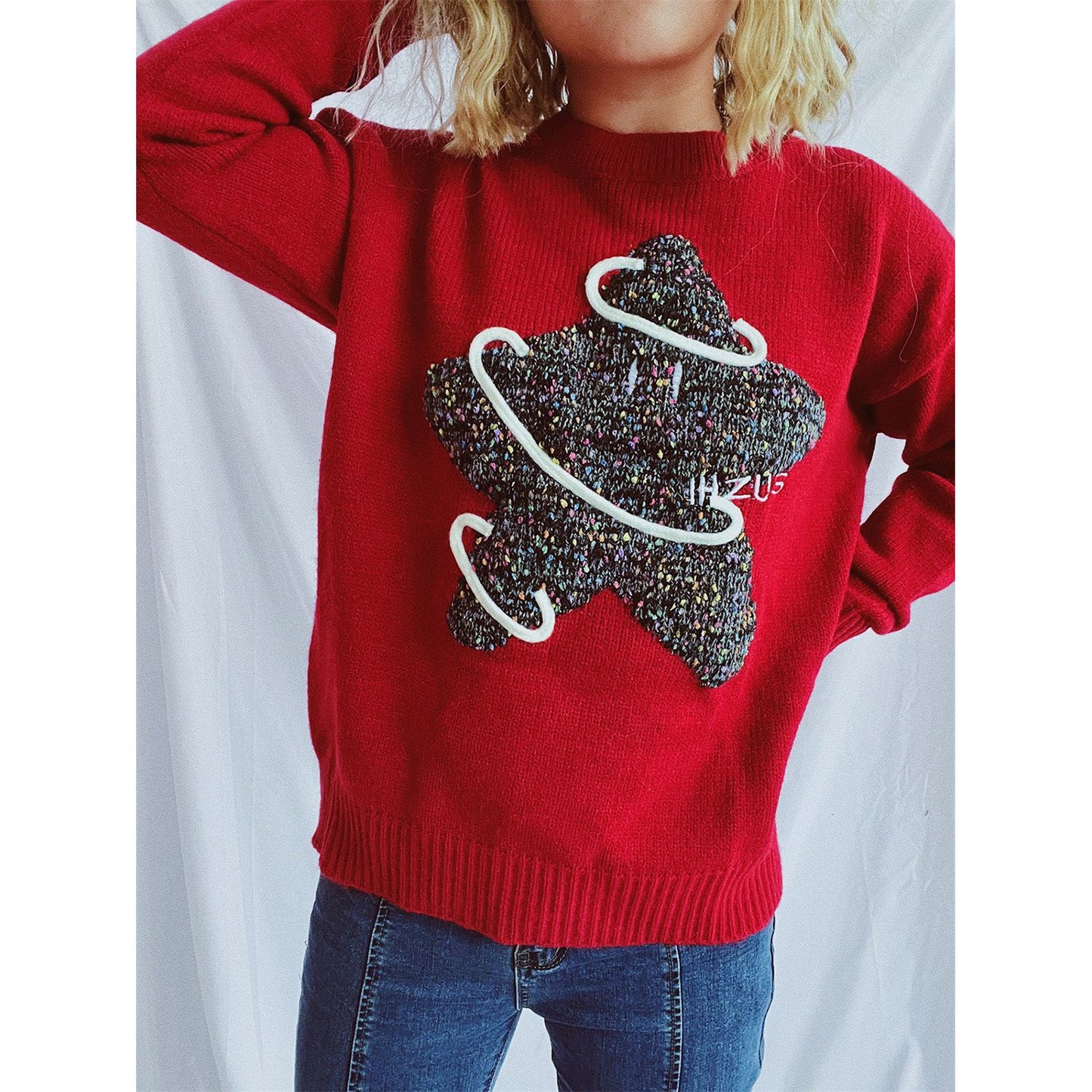 Contrast Star Round Neck Long Sleeve Sweater