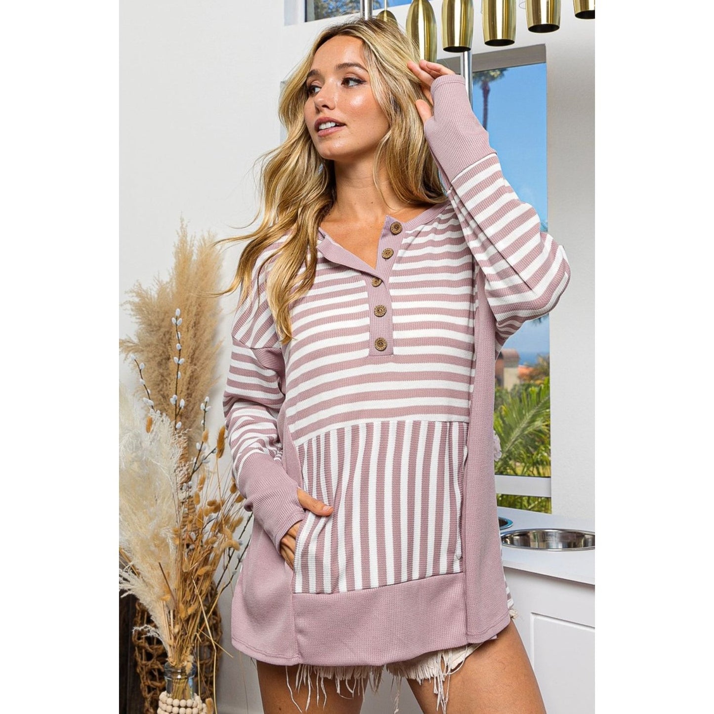 BiBi Striped Thumbhole Long Sleeve Top