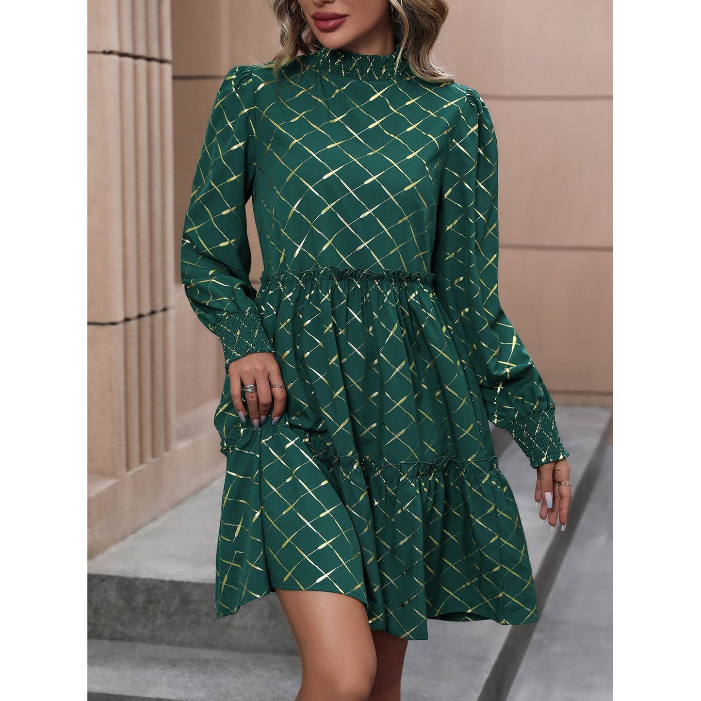 Perfee Mock Neck Frill Trim Mini Dress