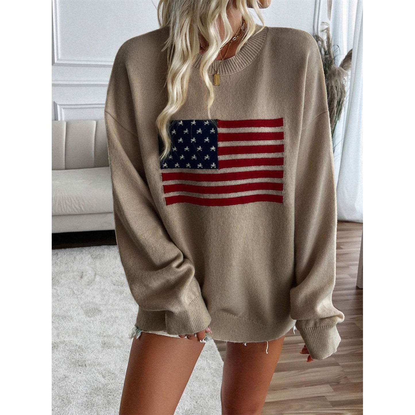 Devine US Flag Round Neck Long Sleeve Knit Top