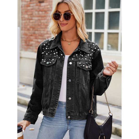 Pearl Detail Collared Neck Long Sleeve Denim Jacket