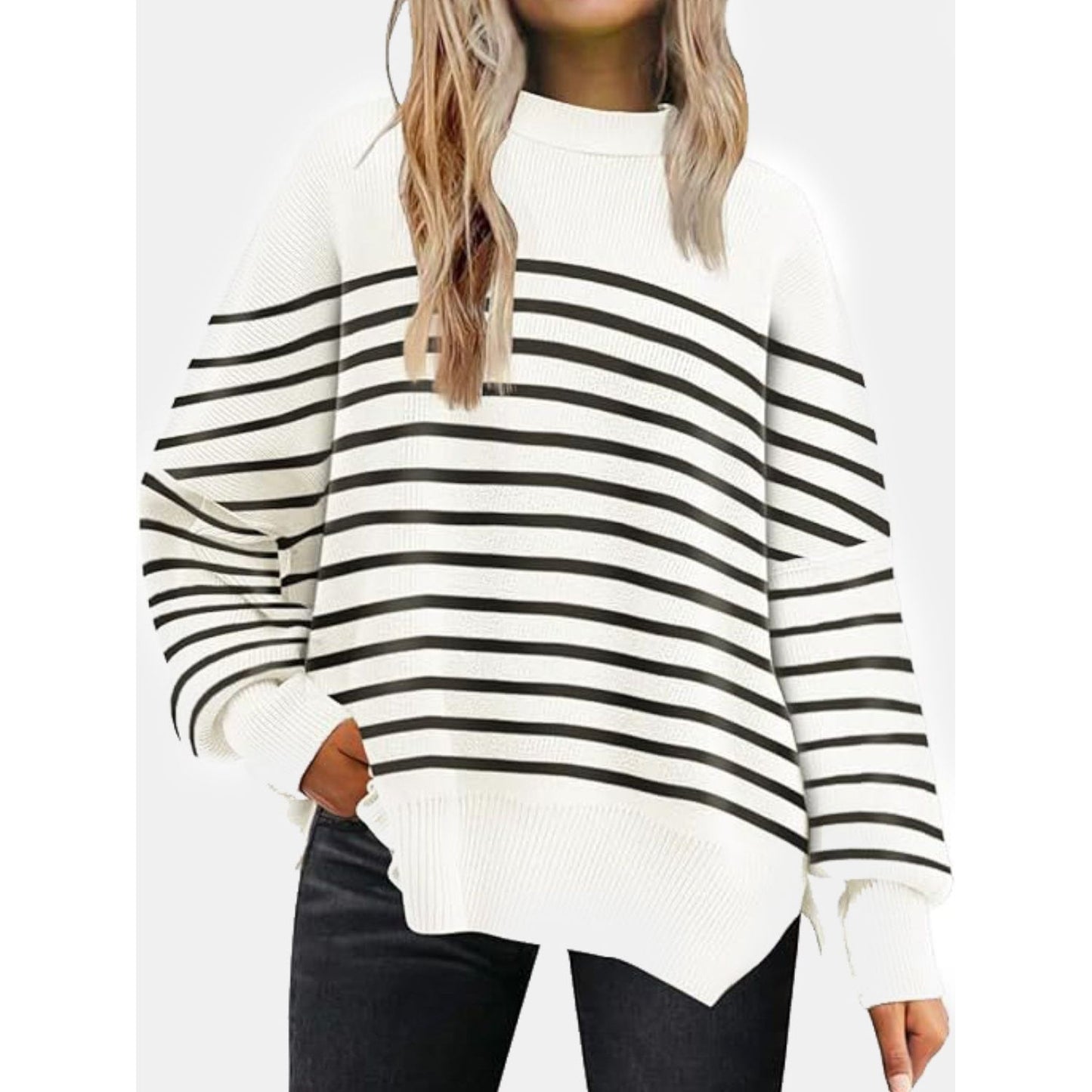 Round Neck Drop Shoulder Slit Sweater