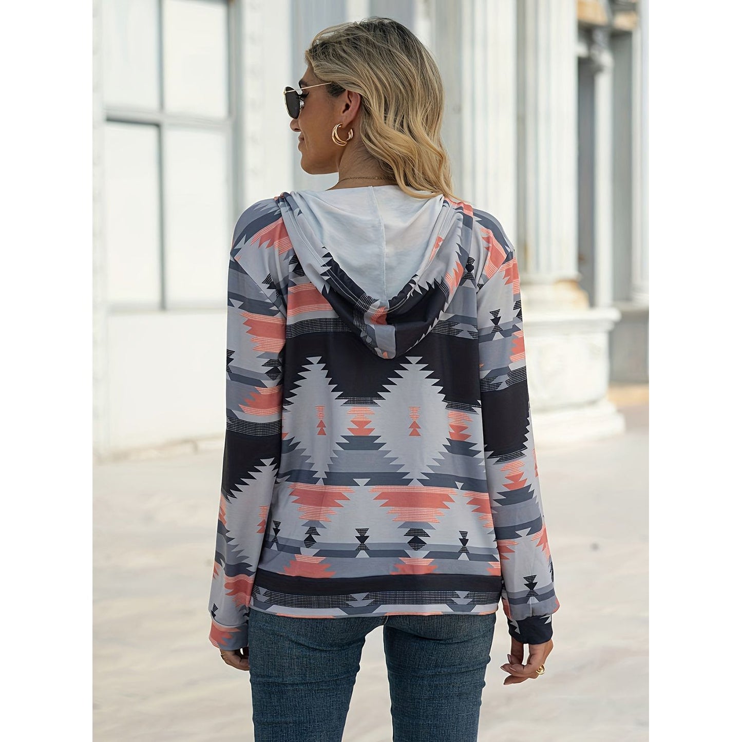 Geometric Zip Up Long Sleeve Hooded Jacket