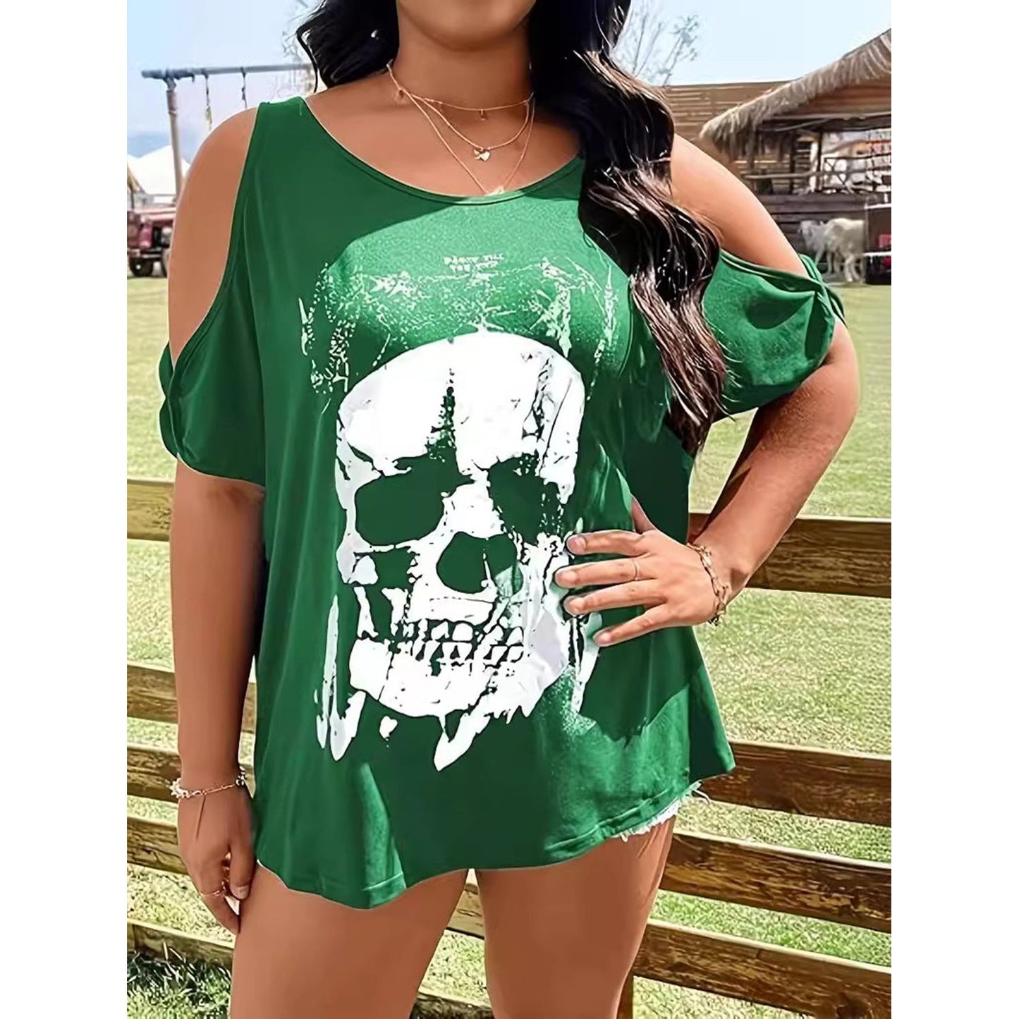 Plus Size Skeleton Graphic Round Neck Cold Shoulder T-Shirt