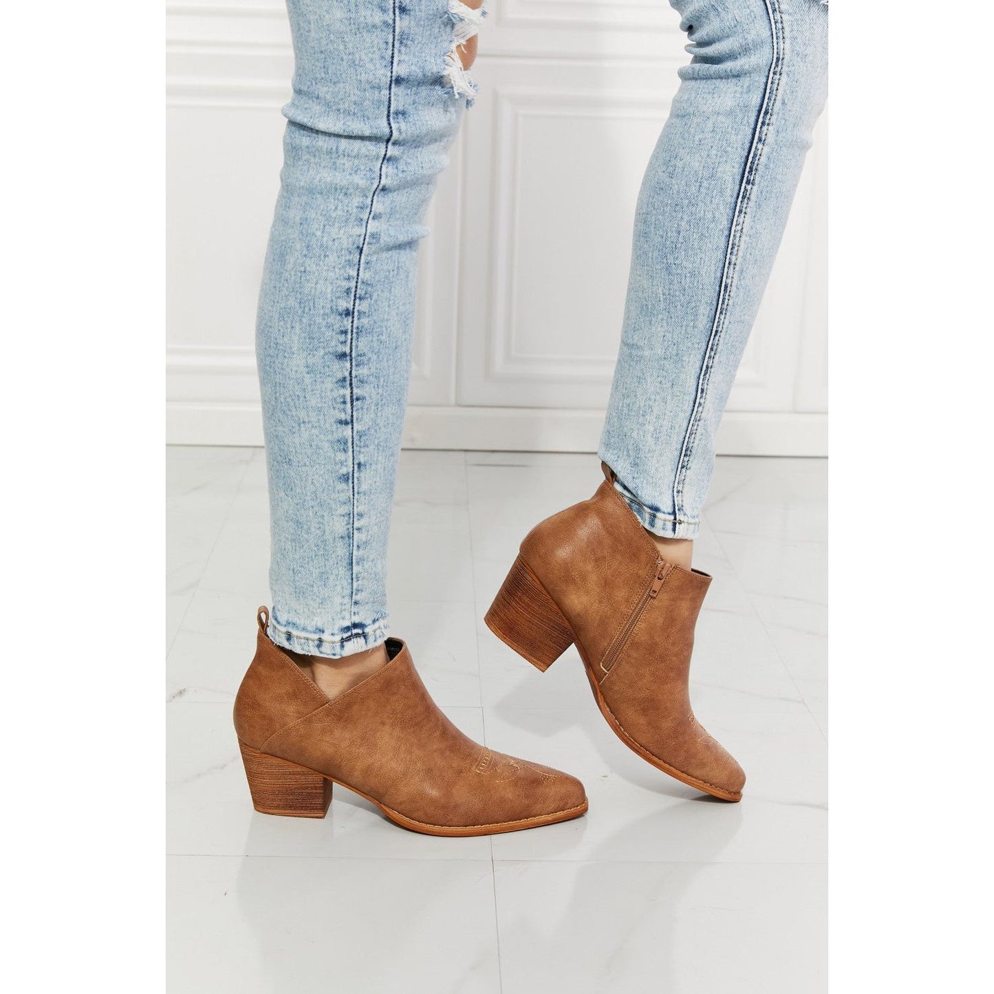 MMShoes Trust Yourself Embroidered Crossover Cowboy Bootie in Caramel