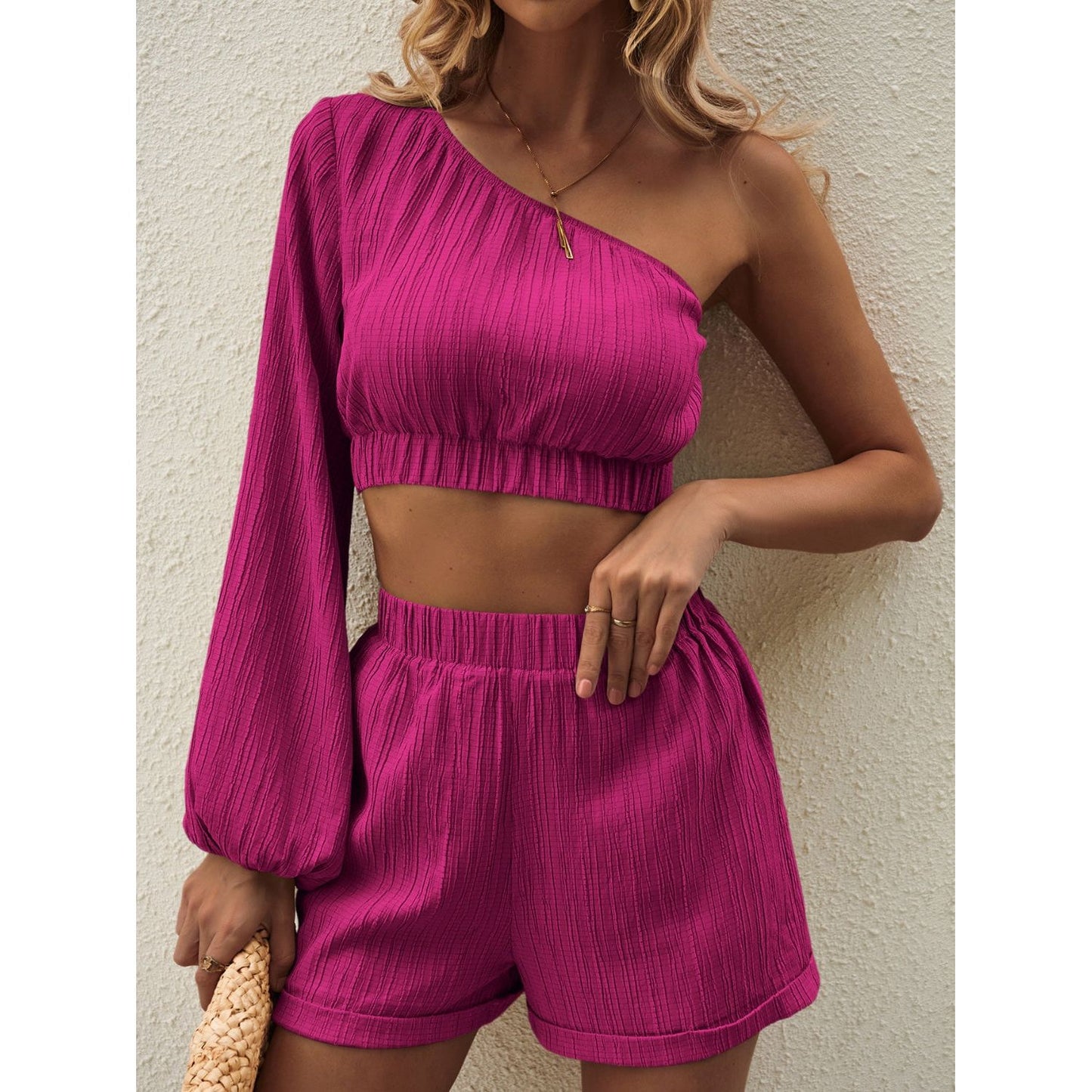 Honey One Shoulder Long Sleeve Top and Shorts Set