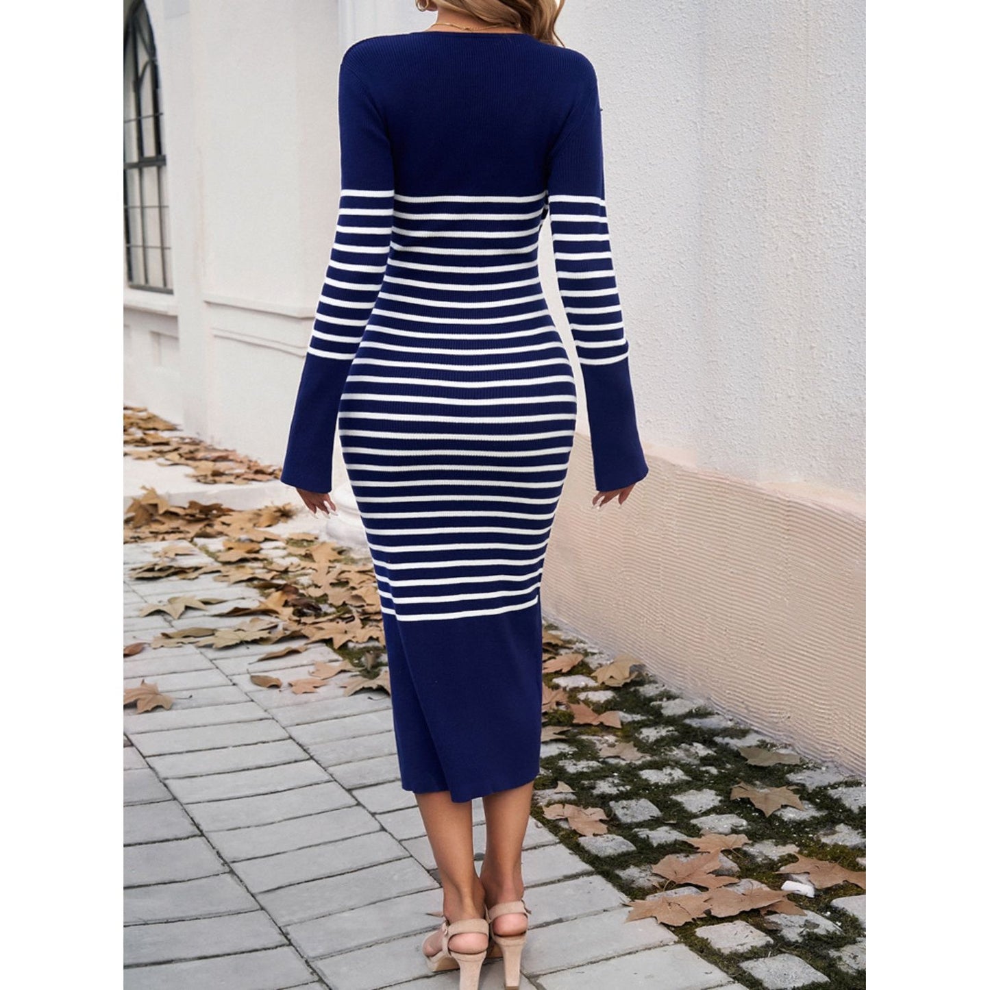 Devine Striped V-Neck Long Sleeve Sweater Dress