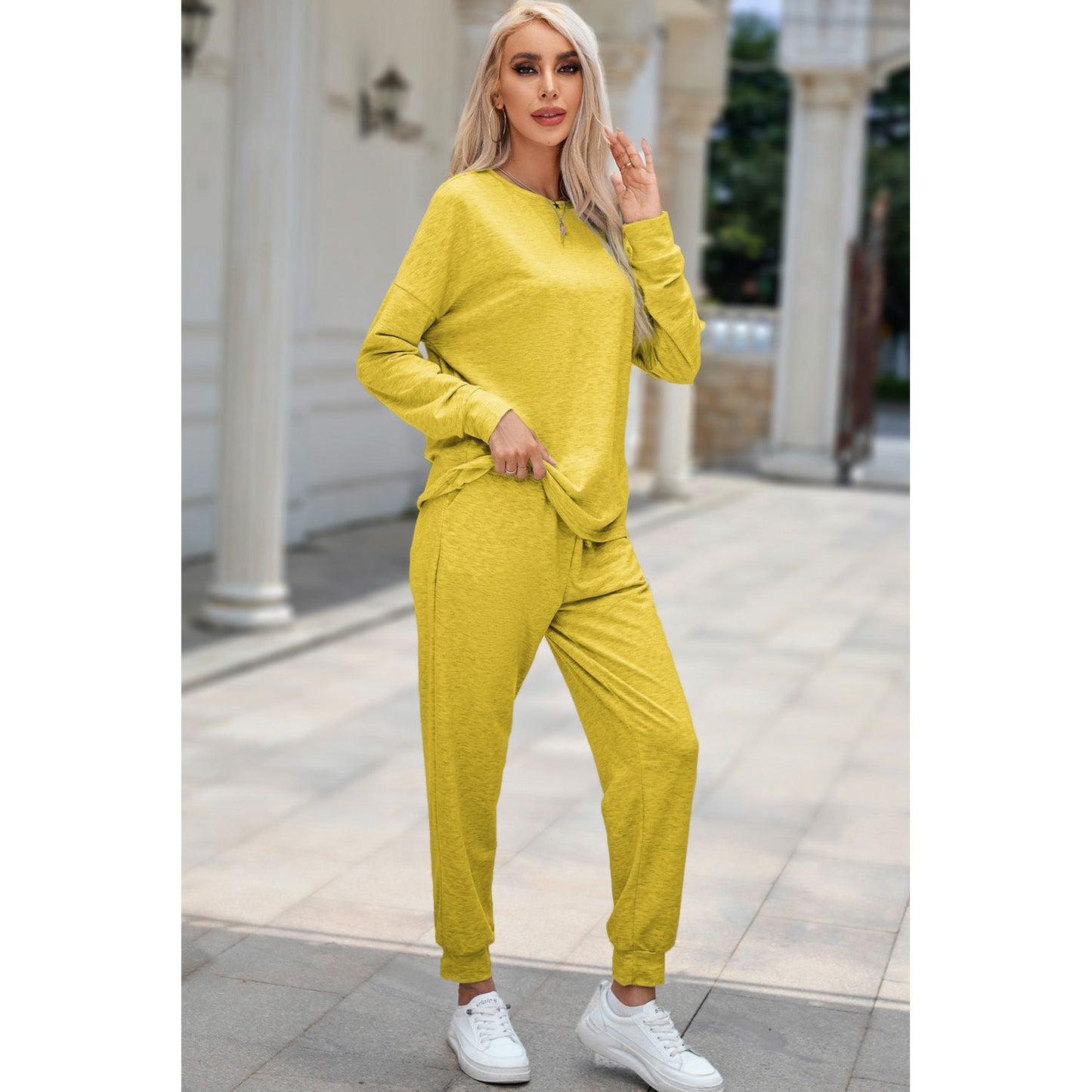 Round Neck Top and Drawstring Pants Lounge Set