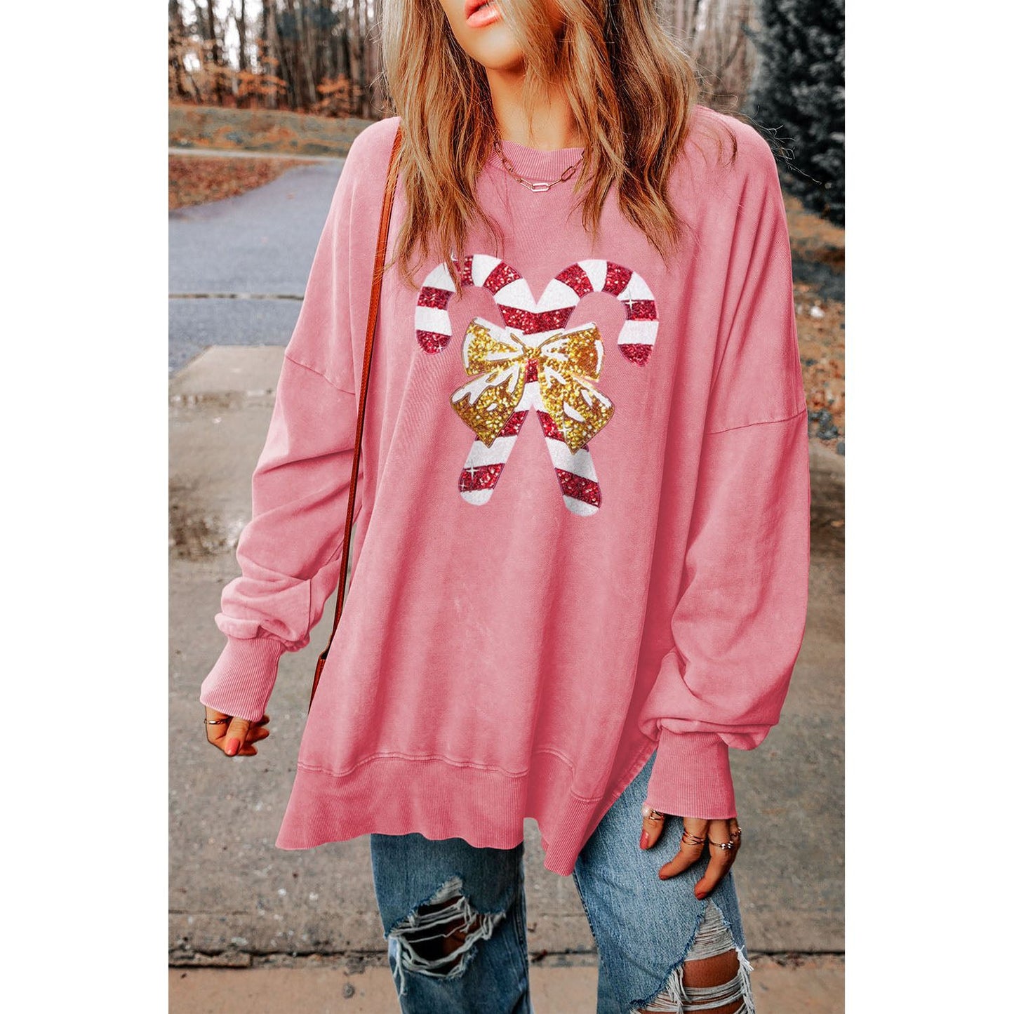 Sequin Candy Cane Round Neck Slit Sweatshirt