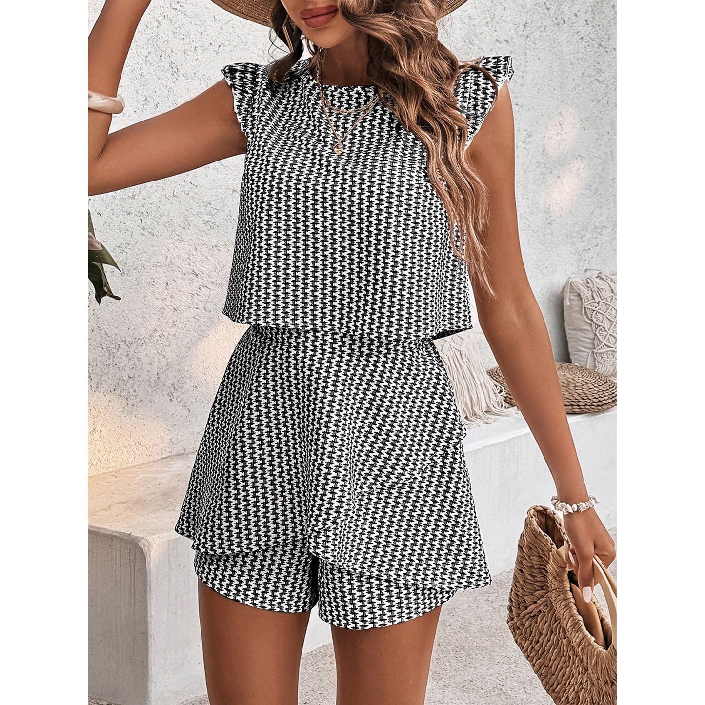 Printed Round Neck Top and Layered Shorts Set