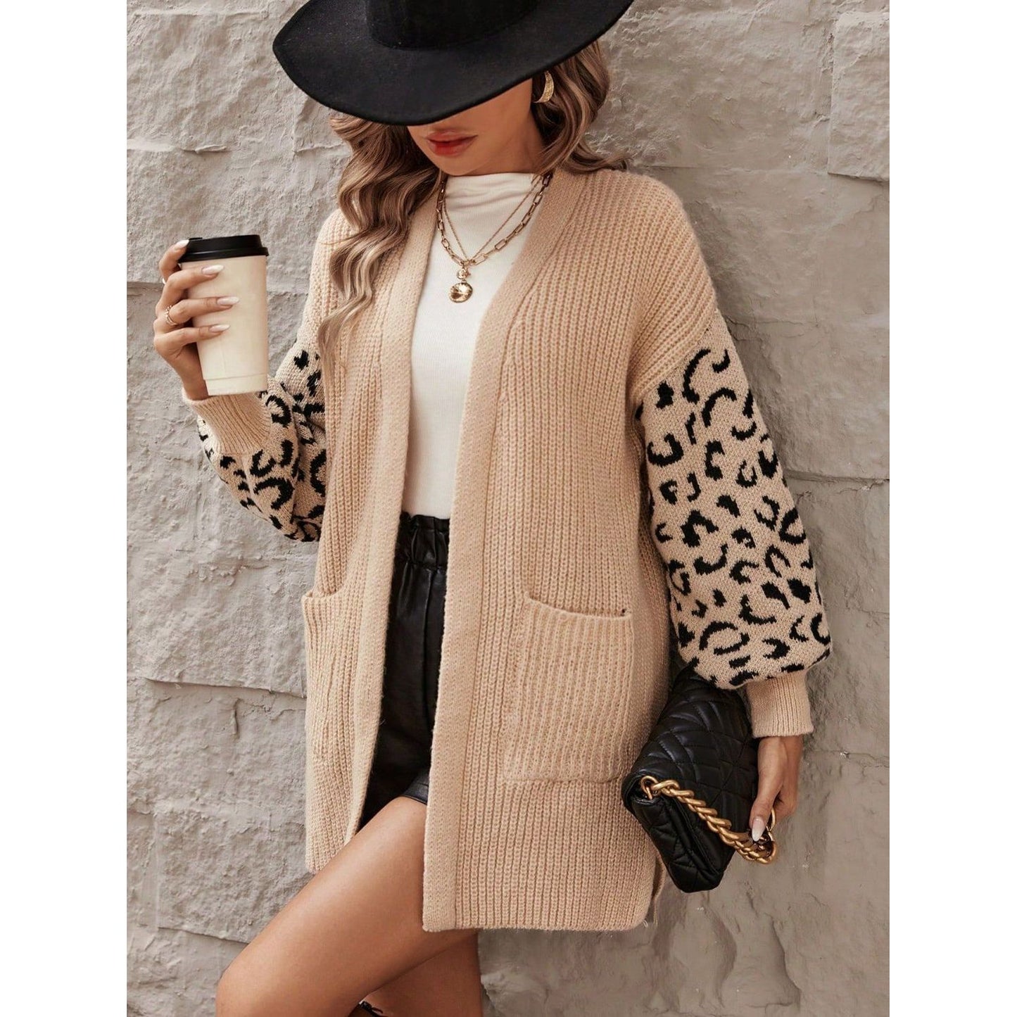 Pocketed Leopard Open Front Cardigan