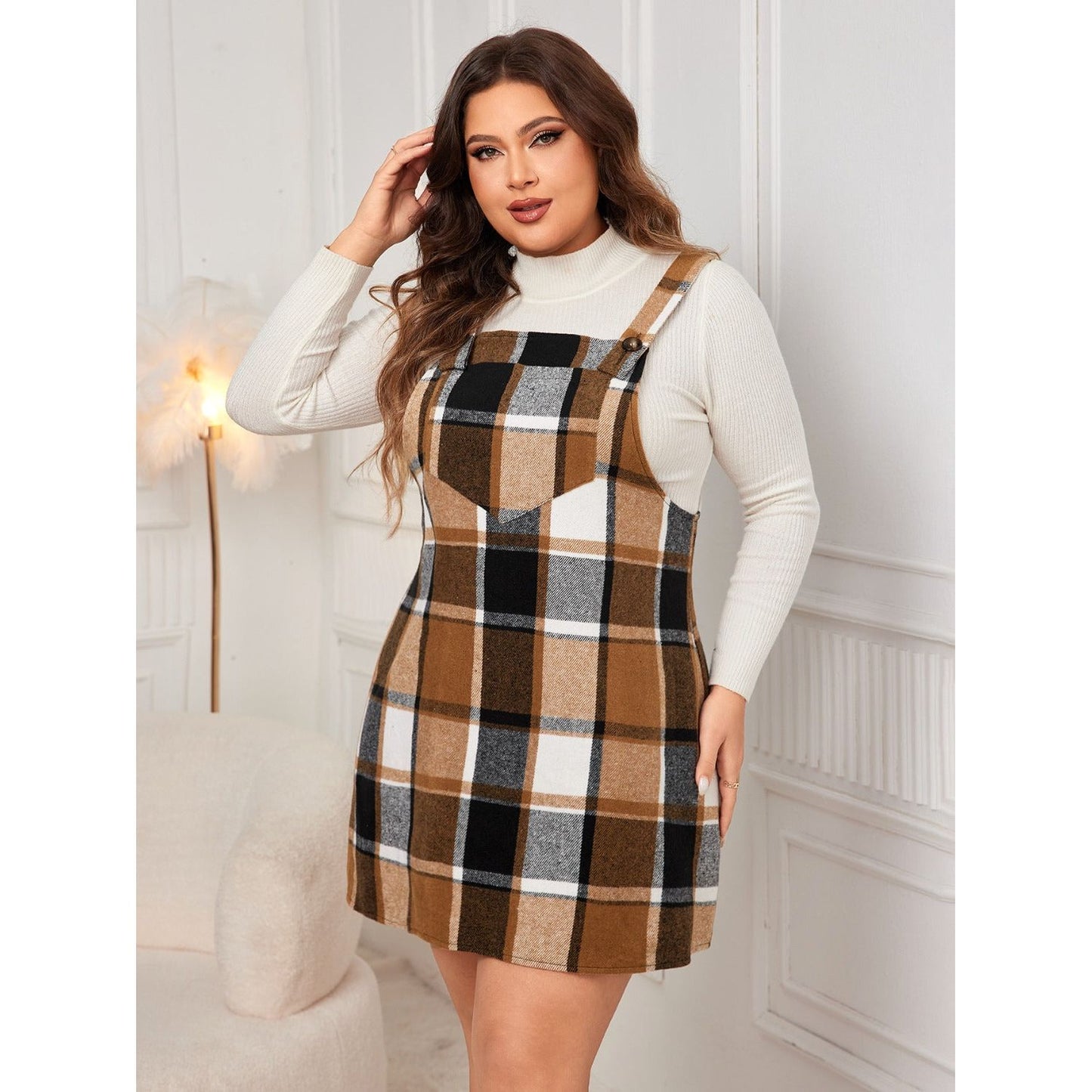 Honey Plus Size Plaid Wide Strap Overall Dress