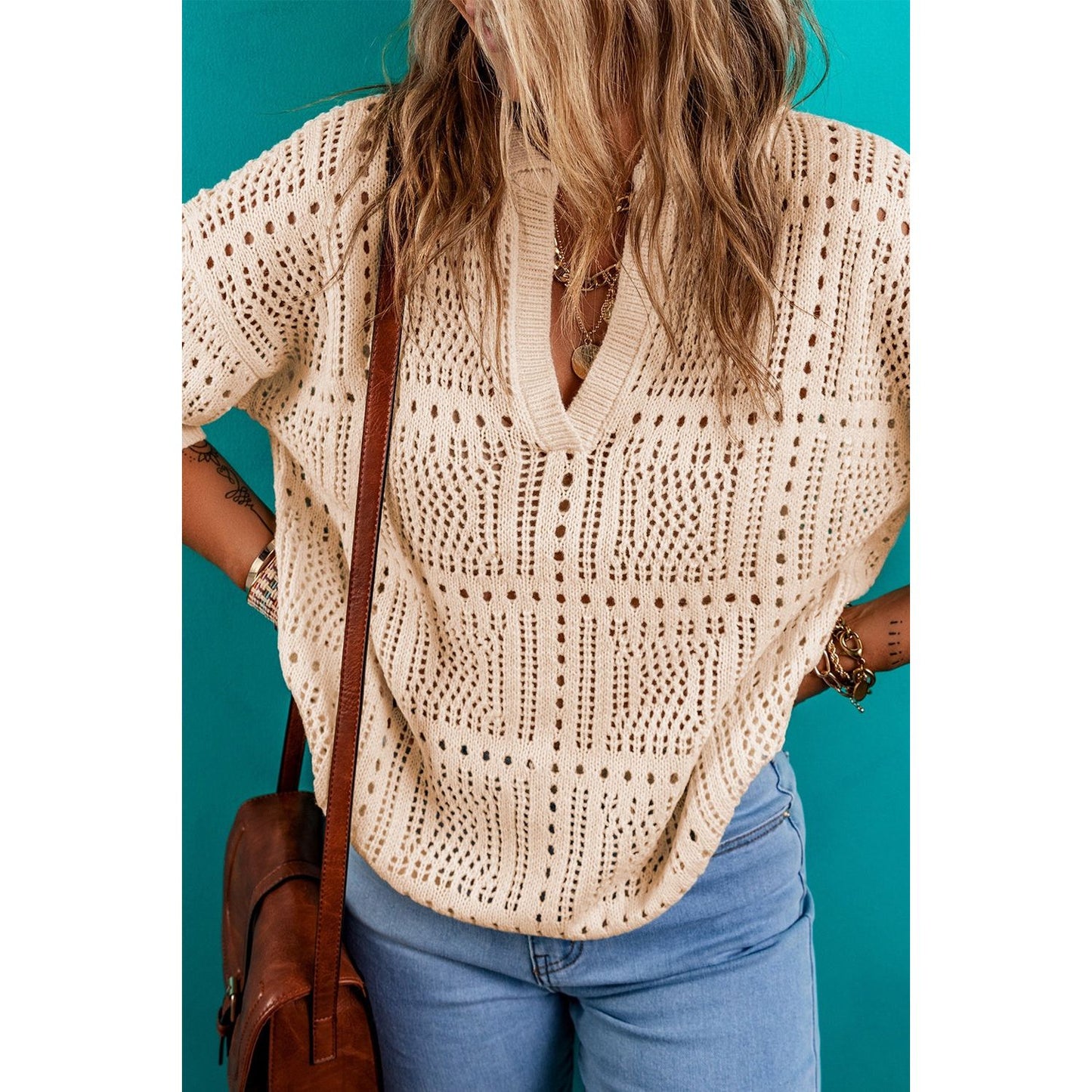 Openwork Johnny Collar Half Sleeve Knit Top