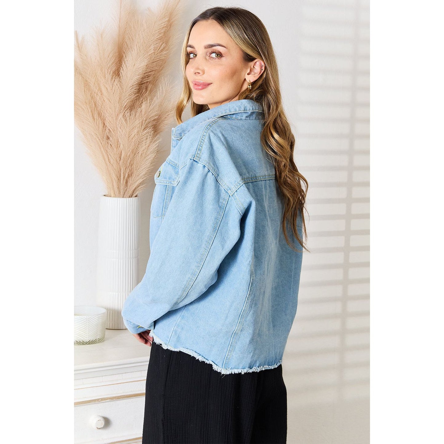 Double Take Dropped Shoulder Raw Hem Denim Jacket