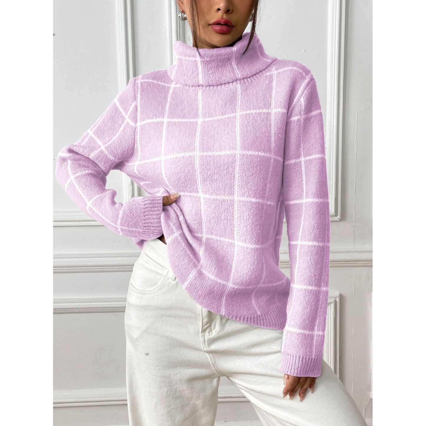 Plaid Turtleneck Long Sleeve Sweater