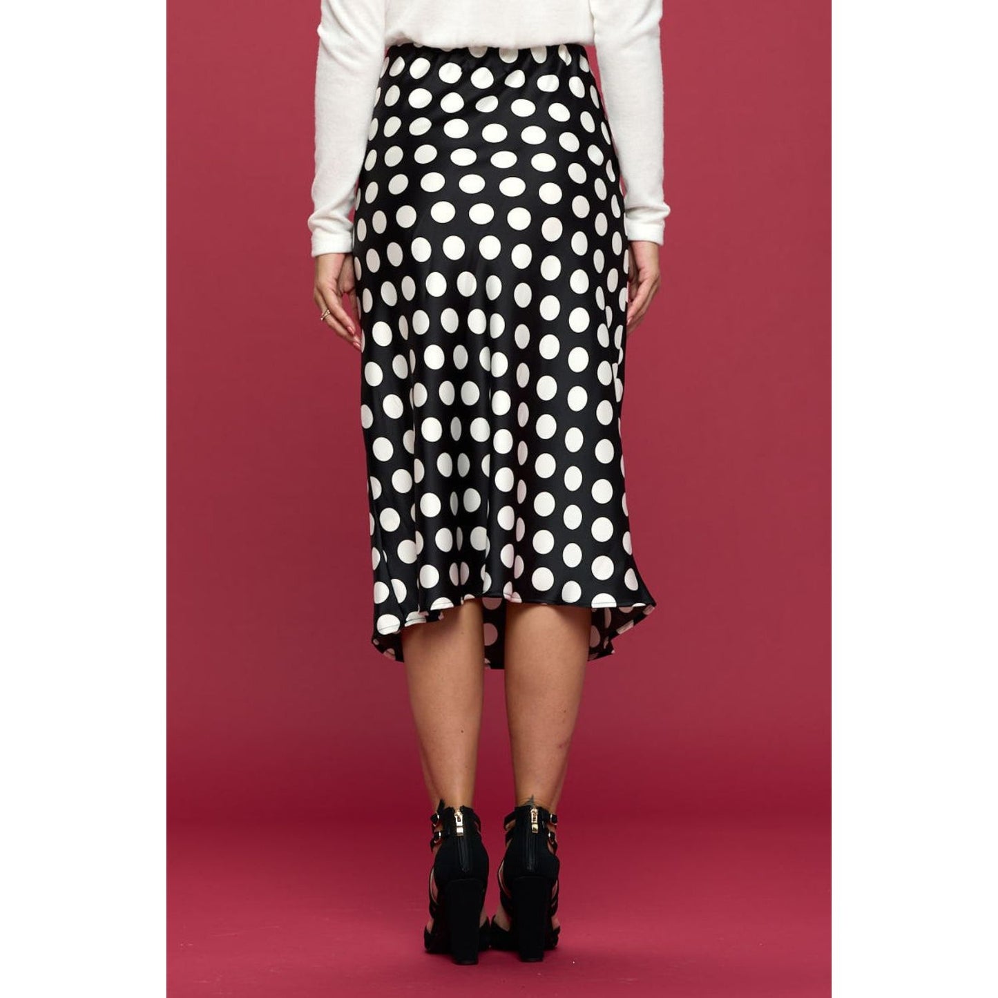 RENEE C Polka Dot Satin Midi Skirt