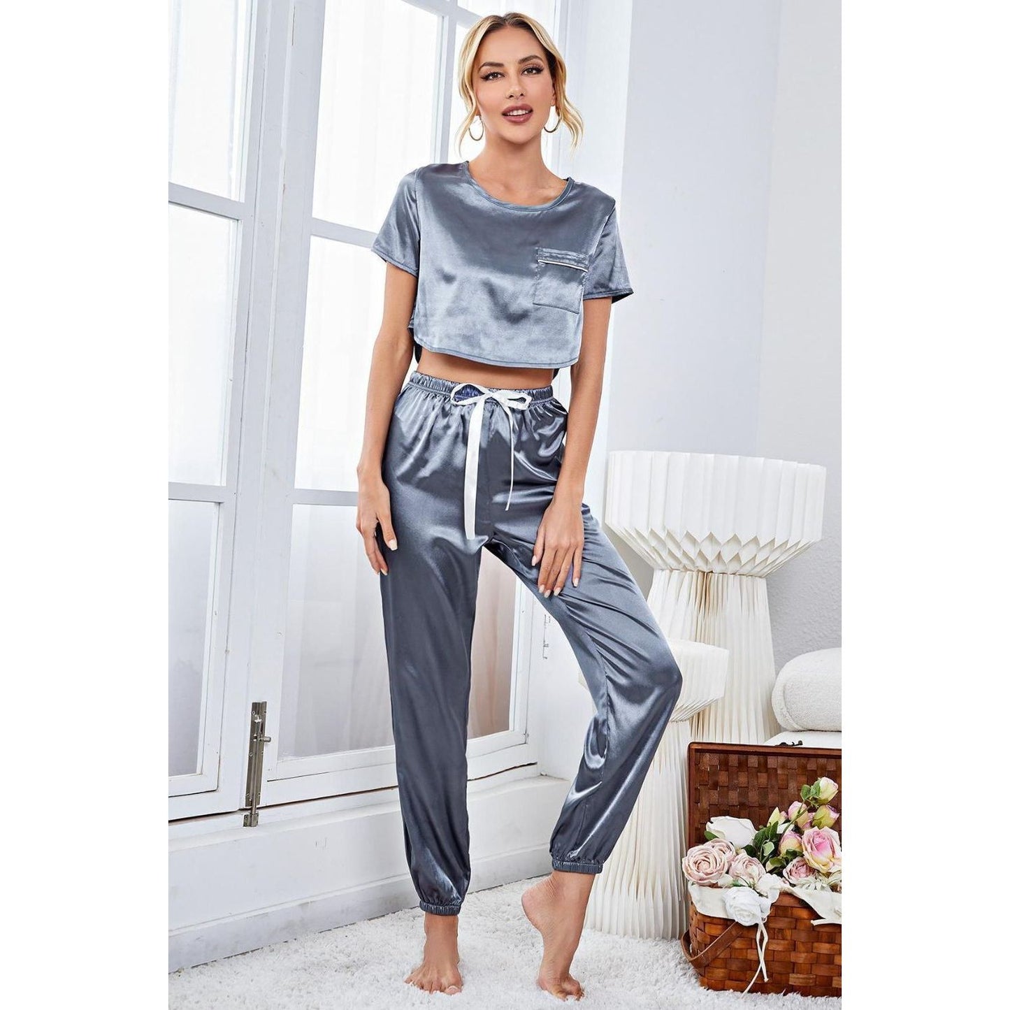 Satin Short Sleeve Crop Top and Joggers Lounge Set