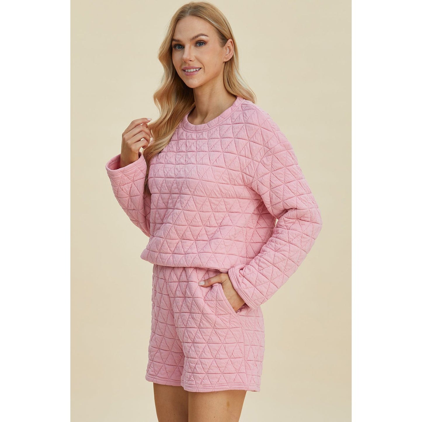 Double Take Full Size Texture Round Neck Long Sleeve Top and Shorts Set