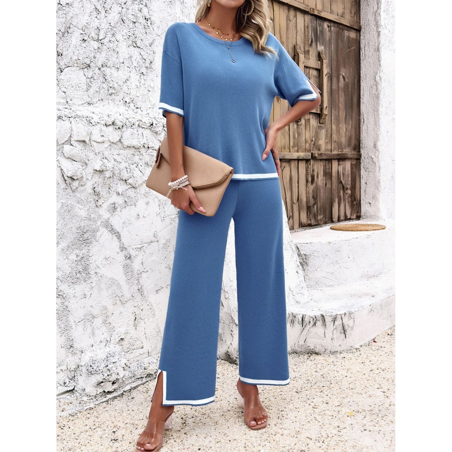 Contrast Trim Round Neck Top and Pants Set