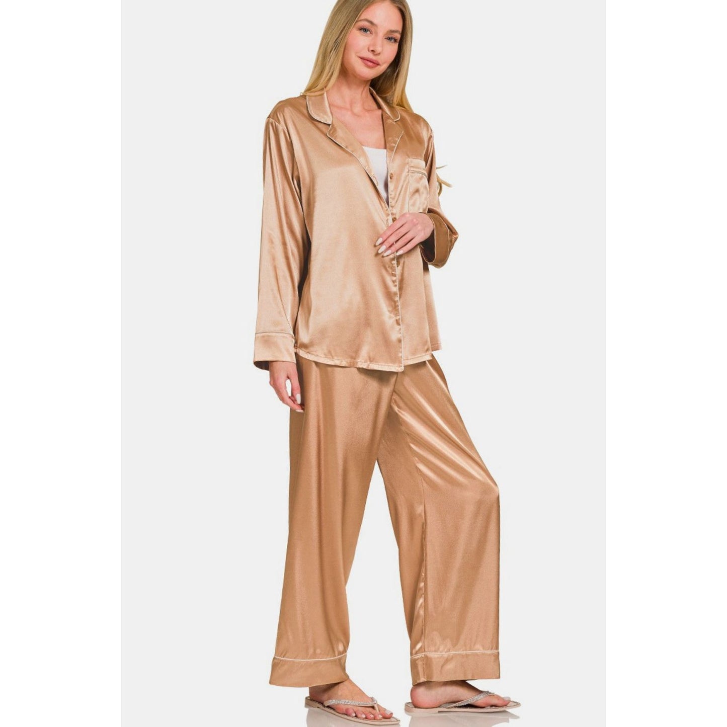 Zenana Satin Long Sleeve Shirt and Pants Pajama Set