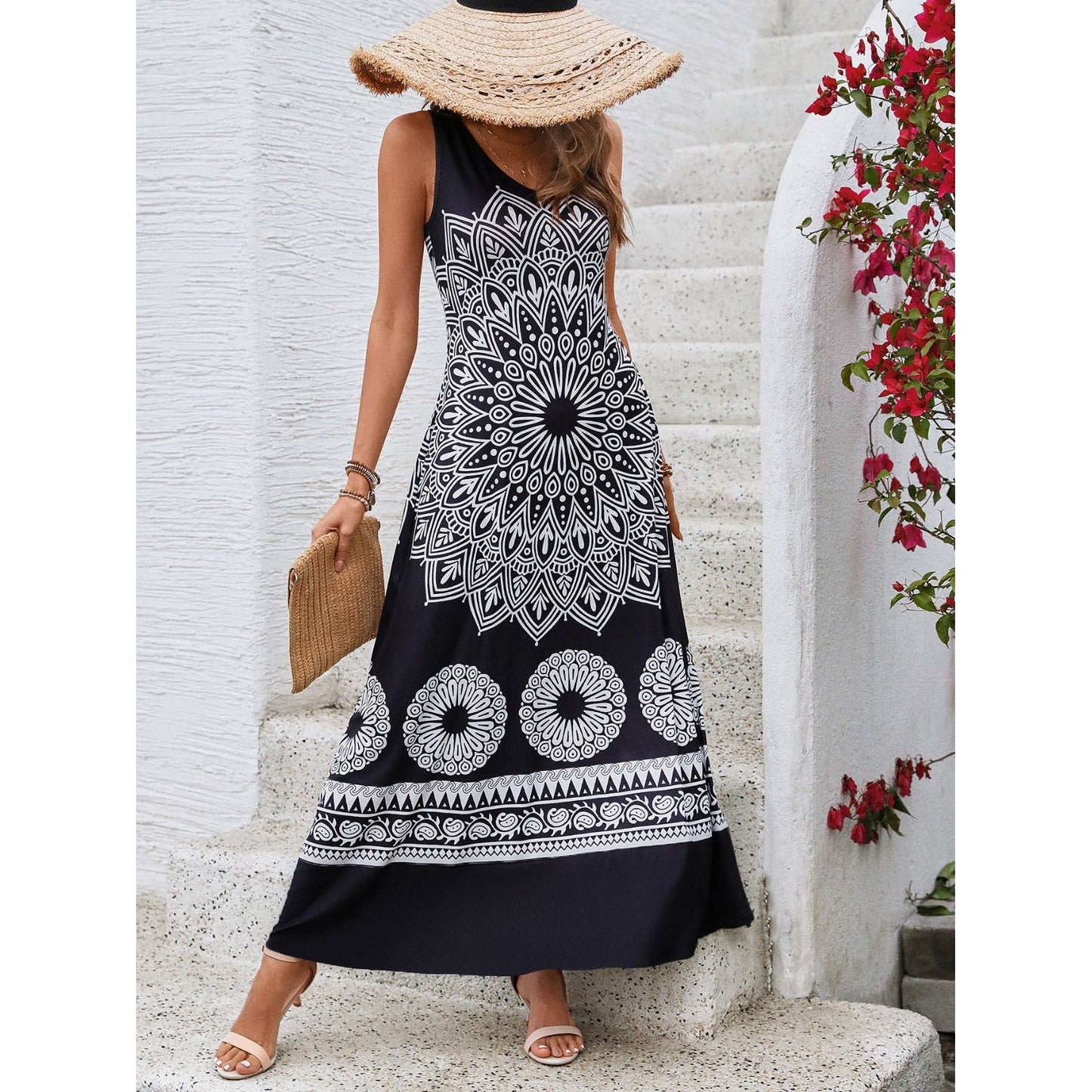 Honey Printed Round Neck Sleeveless Dress